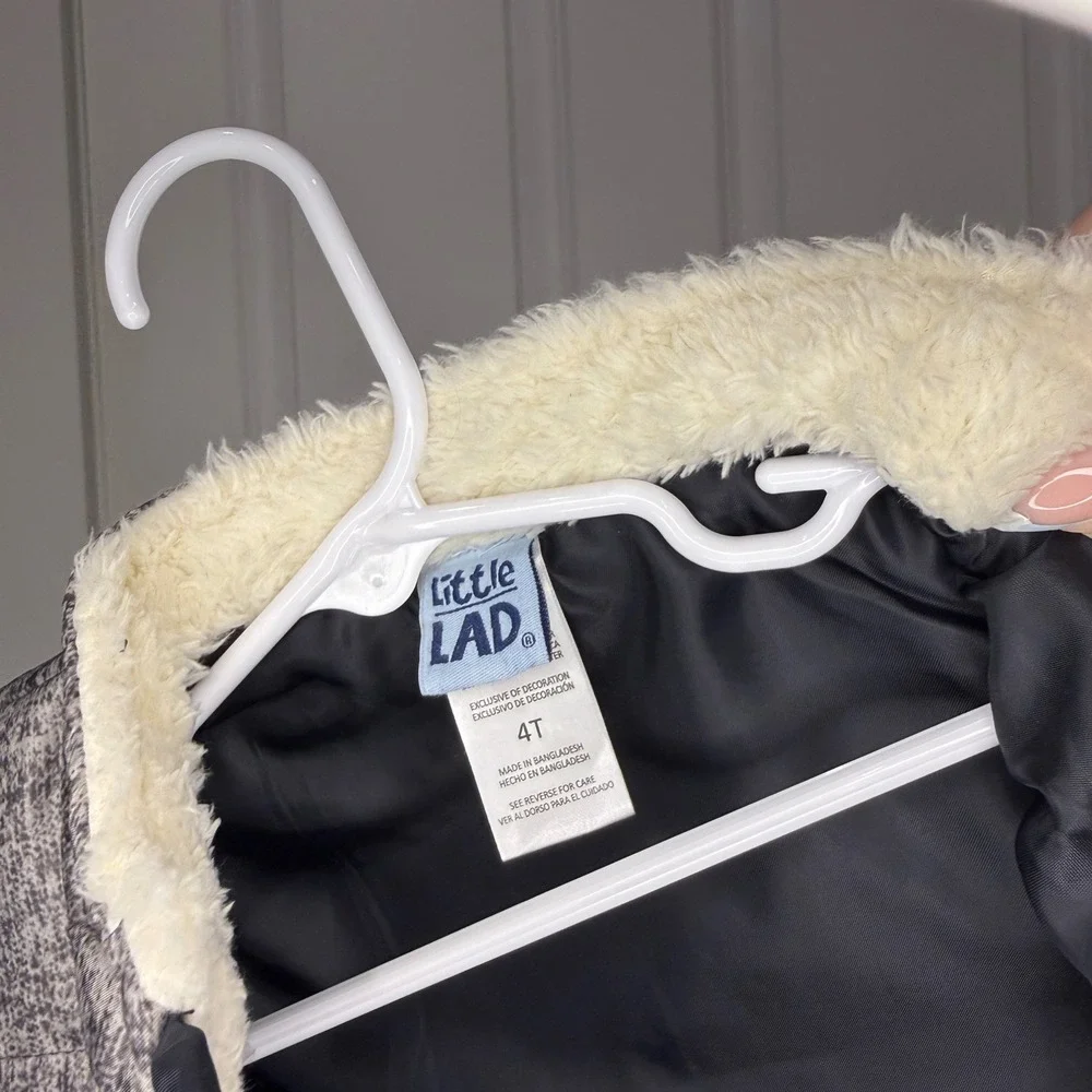 Little Lad Boys Grey Black Puffer Vest‎ Faux Shearling Collar Size 4T